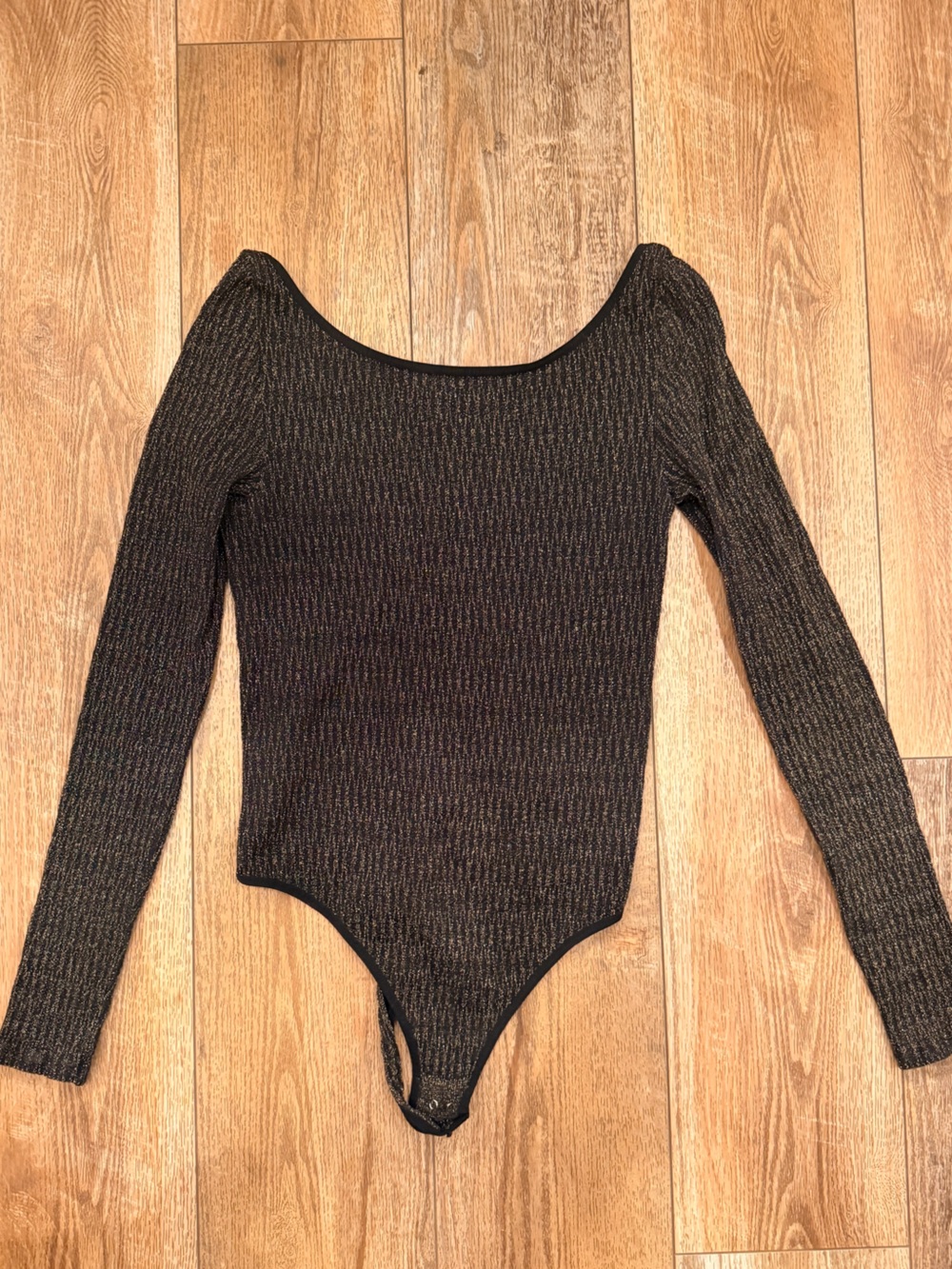 Free People Black Metallic Ribbed Long-Sleeve Bodysuit